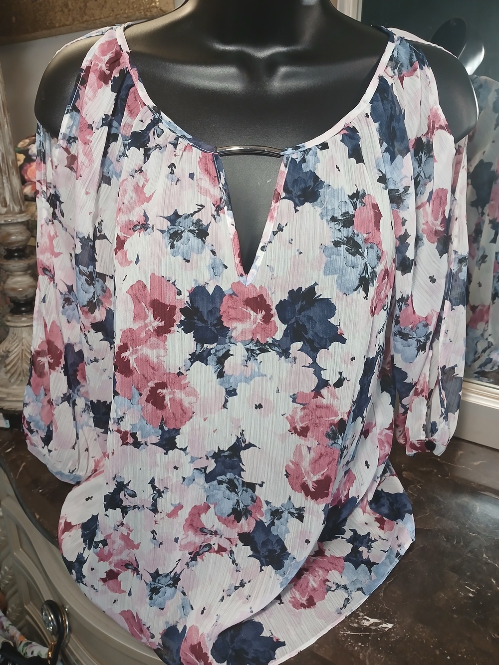BCX Pink & Navy Floral Cold-Shoulder Blouse